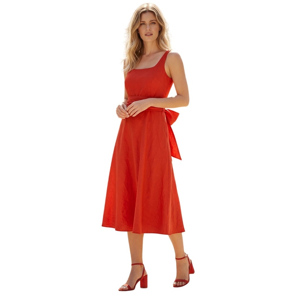 Coldwater Creek NWOT Orange 100% Silk Crinkle Tie Waist Fit & Flare Midi Dress M